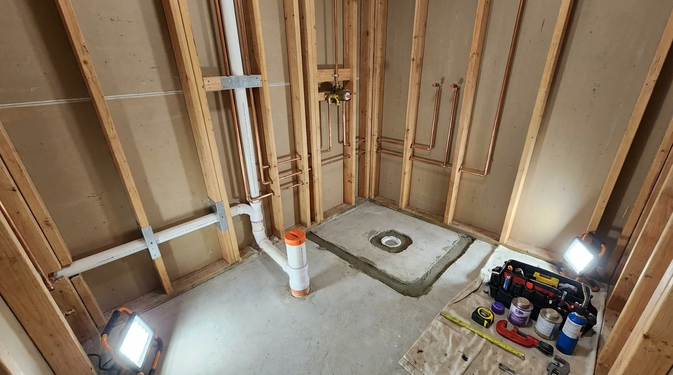 Bathroom rough-in plumbing during remodel by Johns Plumbing LLC in Ada