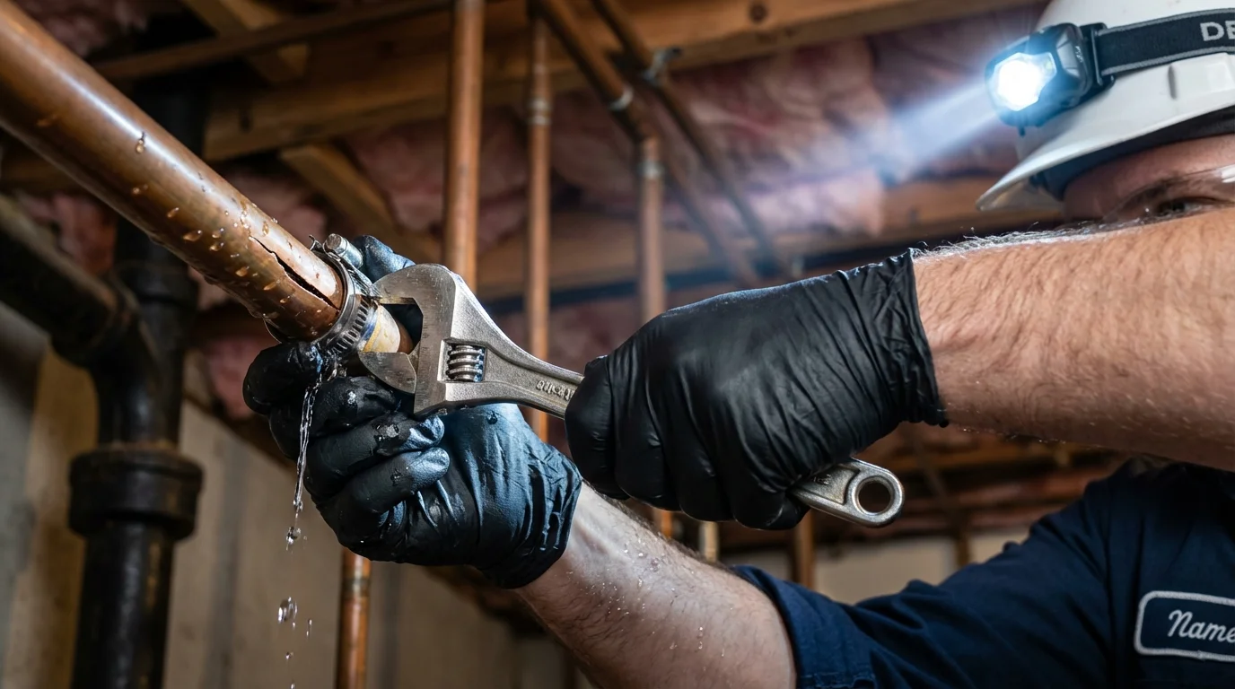 Emergency pipe clamp repair being performed by a Johns Plumbing LLC plumber in Ada