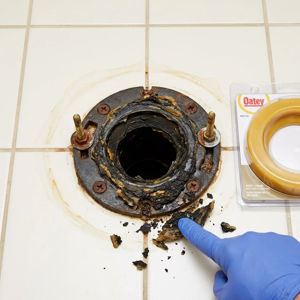 Failed wax ring showing water seepage at the base of a toilet in a Ada, MN home