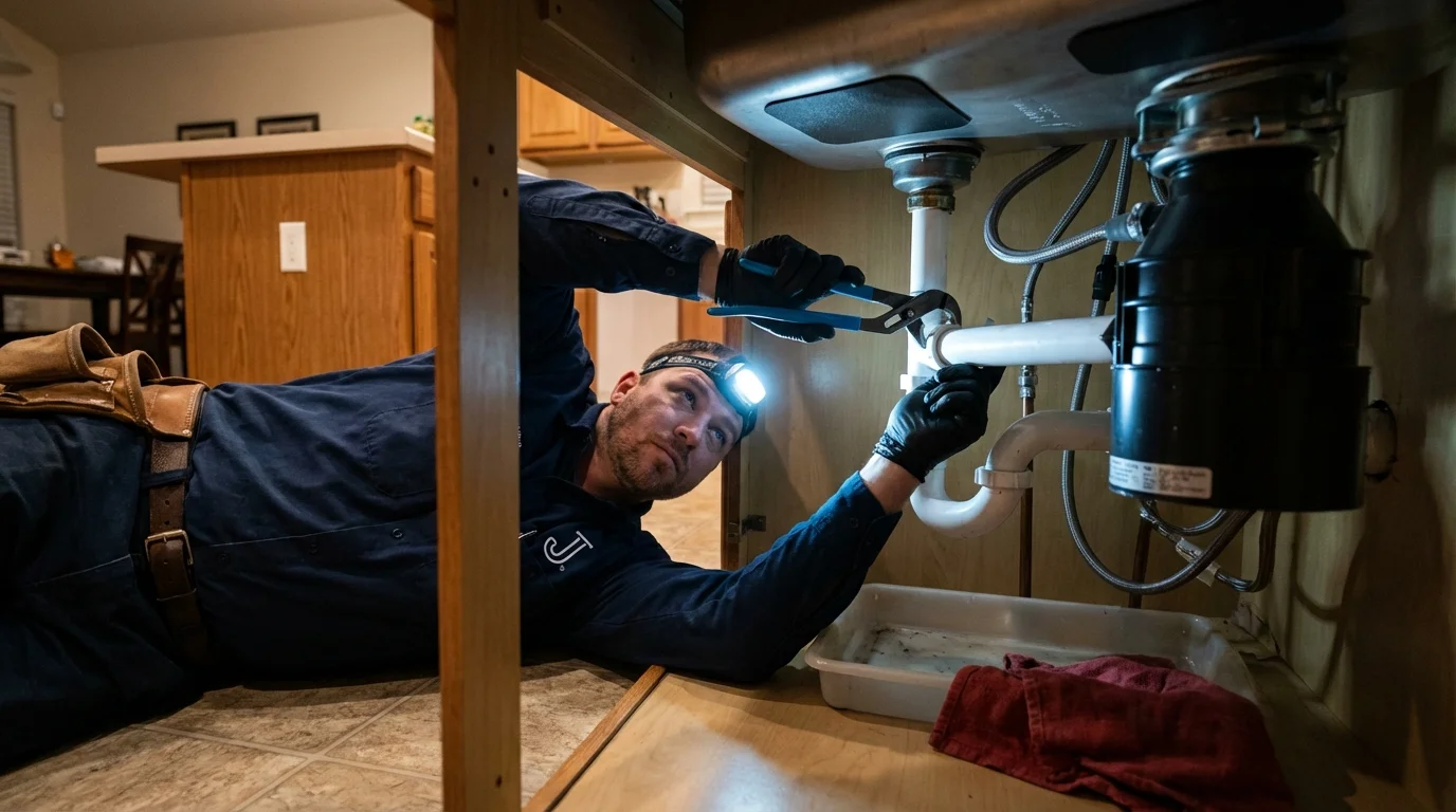 P-trap and supply line connections under a kitchen sink showing a common leak point in Ada, MN